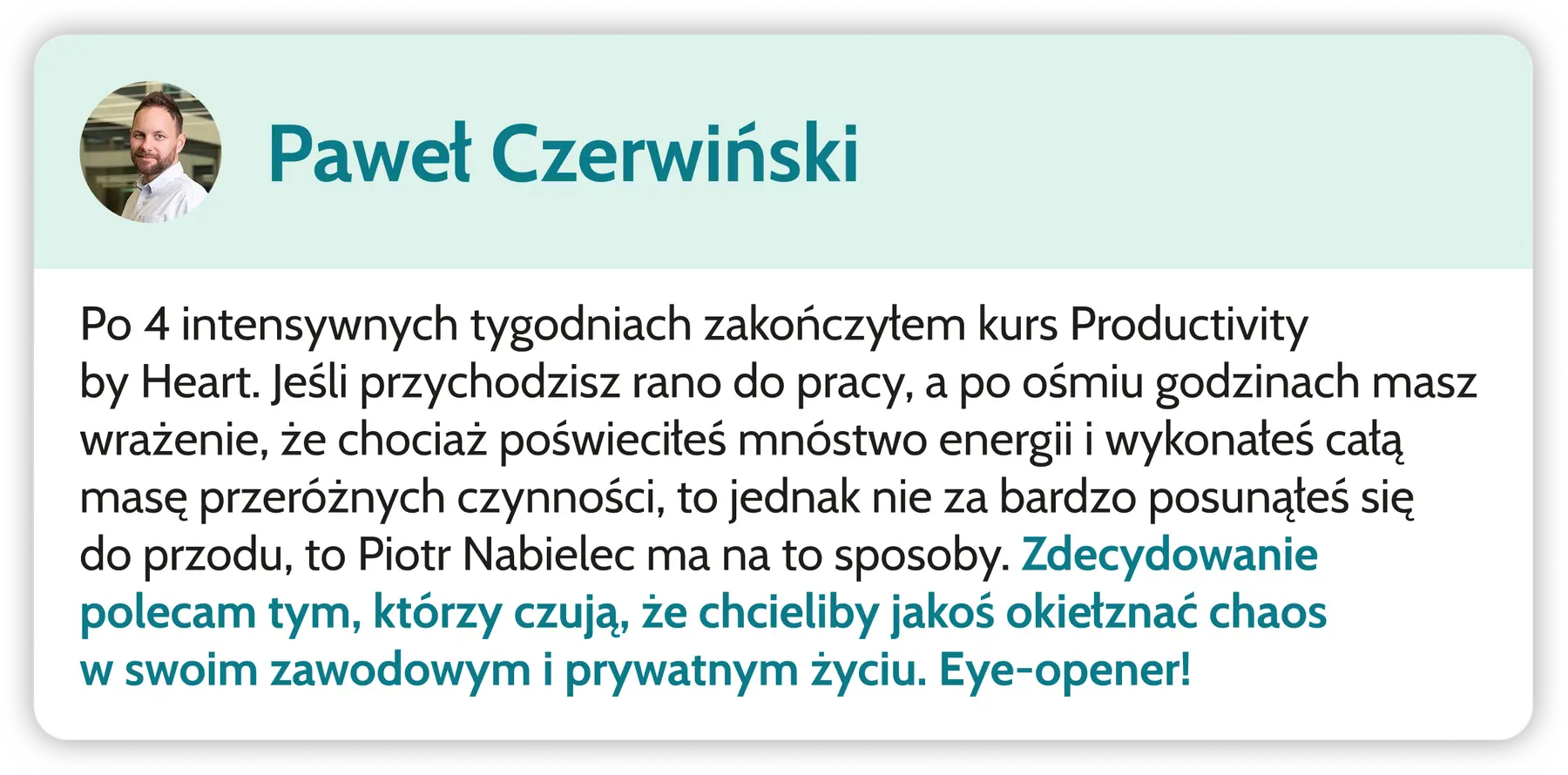 Opinia Pawła Czerwińskiego o kursie Productivity by Heart